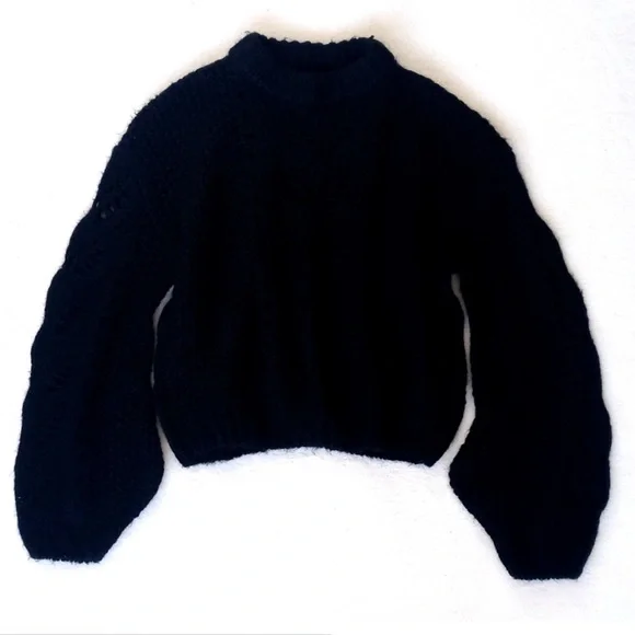 Black Chunky Cable Chunky Knit Long Sleeve Cropped Sweater S (Silverflint) - Picture 6 of 10